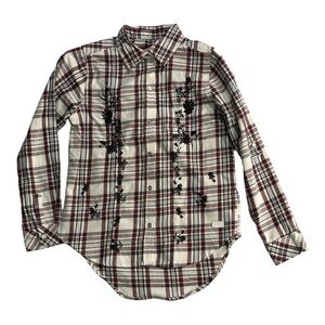 7 For All Mankind Western Plaid Black Floral Embroidered Shirt Size L